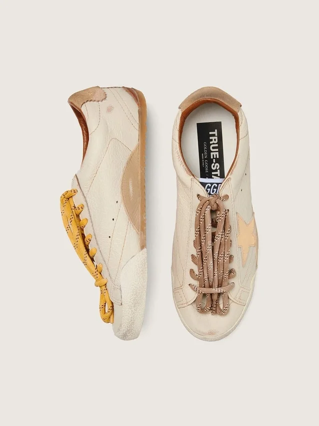 Men's True-Star in white nappa leather with gold foiled leather star and beige suede heel tab