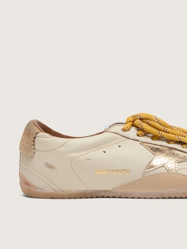 Men's True-Star in white nappa leather with gold foiled leather star and beige suede heel tab