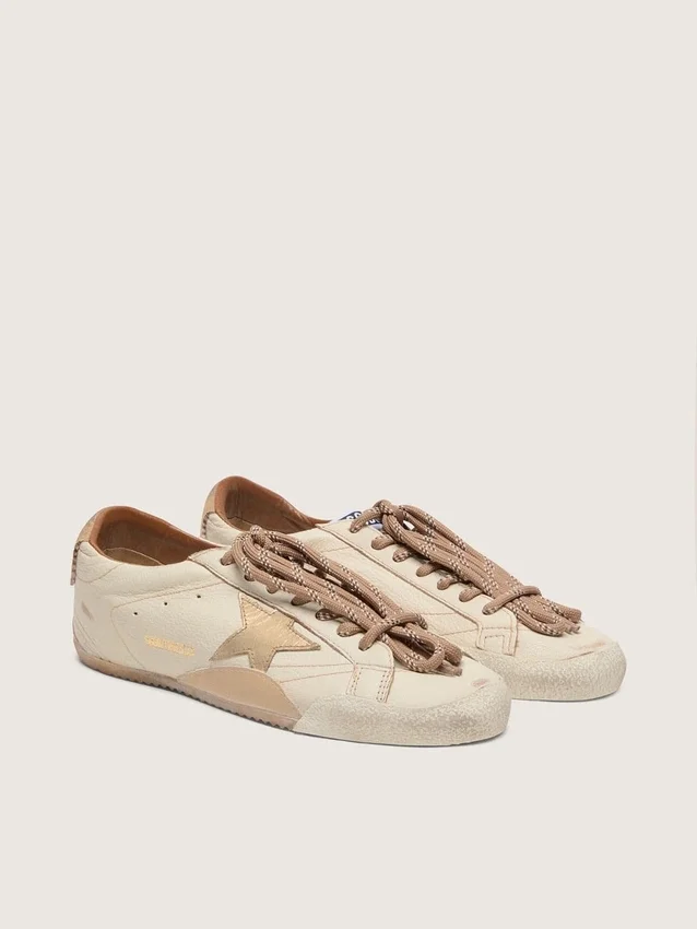 Men's True-Star in white nappa leather with gold foiled leather star and beige suede heel tab