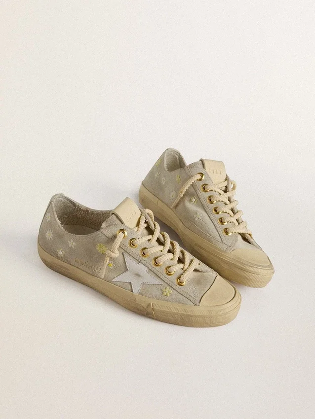 Women’s V-Star in ice-gray suede with white leather star and floral embroidery