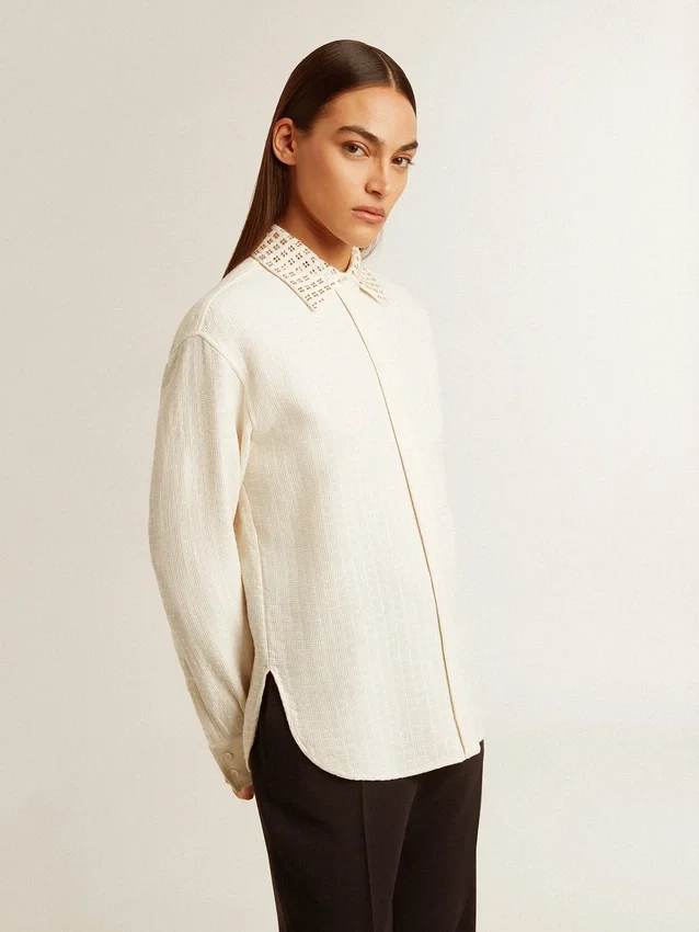 Women's viscose and cotton blend shirt with crystal-embellished collar