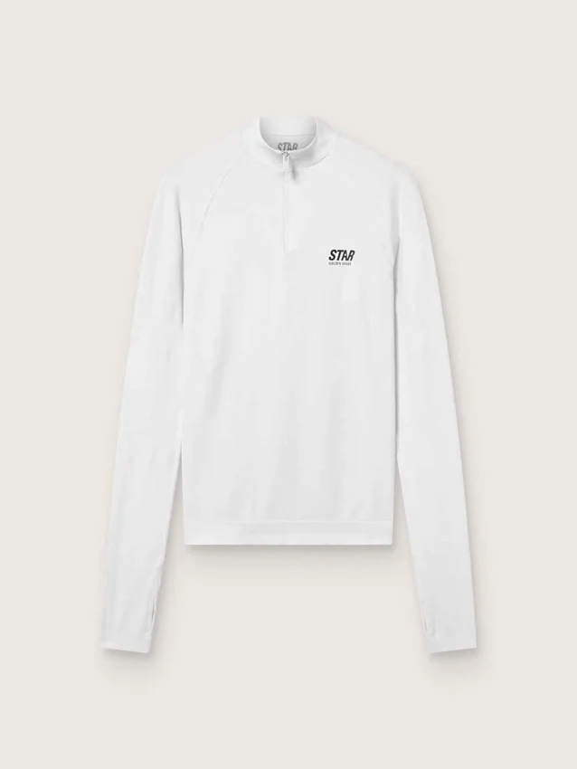 Women's white long-sleeve sports top with zip
