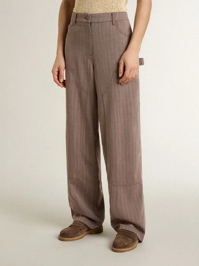Women’s wool blend pants in light brown micro chevron