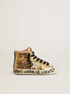 Young Francy Penstar in gold sequins with ice-gray suede star