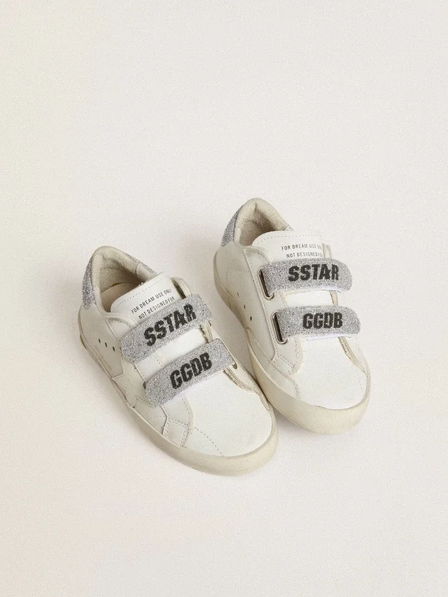 Young Old School in white leather with silver Swarovski crystal heel tab and straps