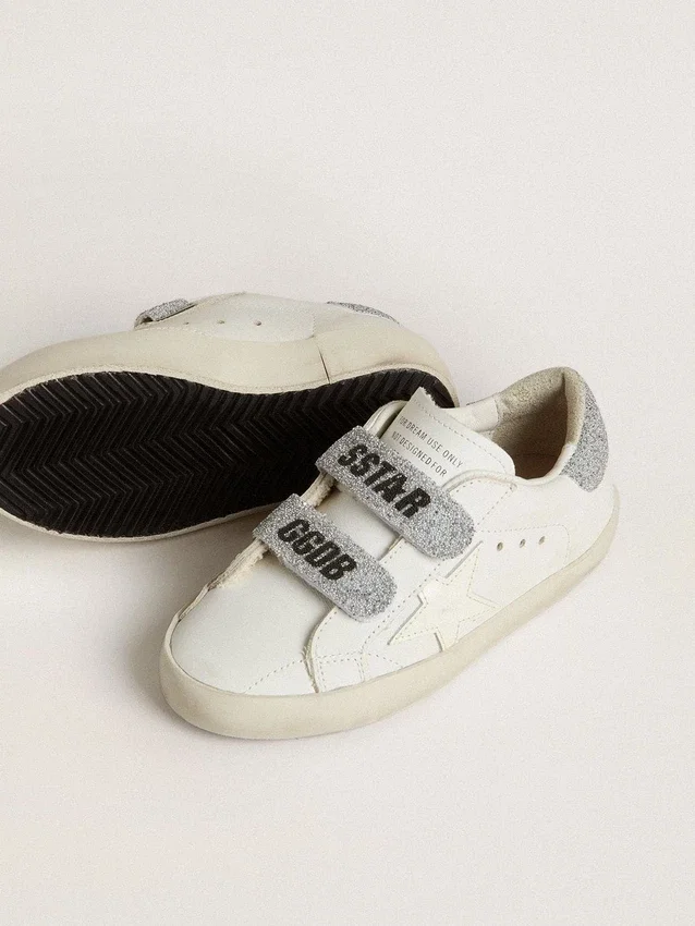 Young Old School in white leather with silver Swarovski crystal heel tab and straps