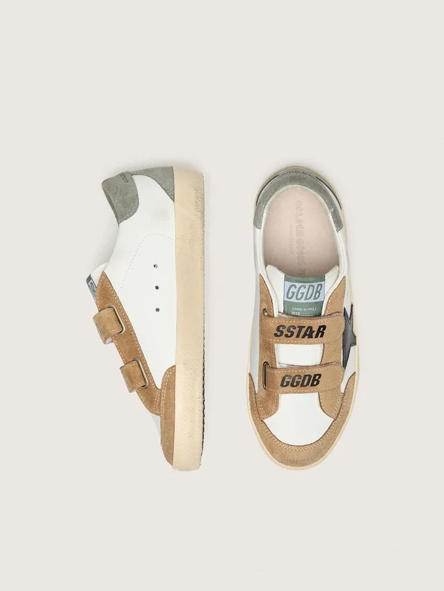 Young Old School with black leather star and beige and green suede inserts